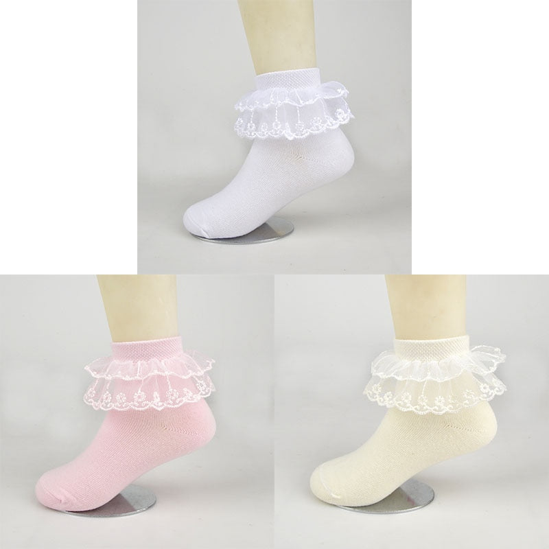 3 Pairs Cotton Lace Ruffle Ankle Socks