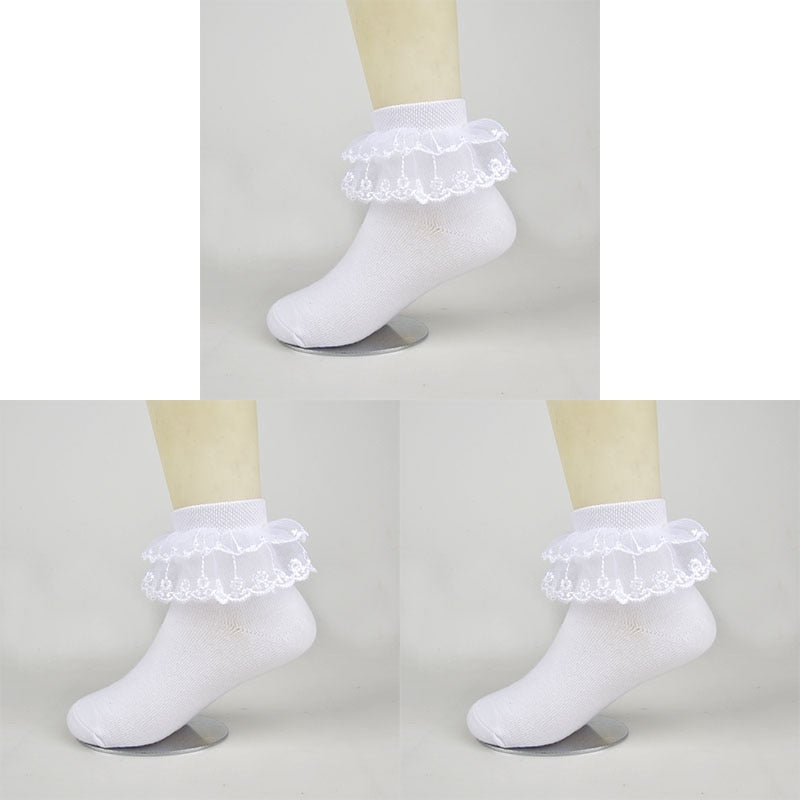 3 Pairs Cotton Lace Ruffle Ankle Socks