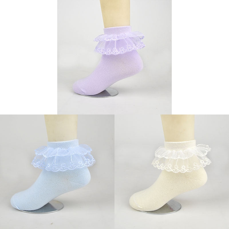 3 Pairs Cotton Lace Ruffle Ankle Socks