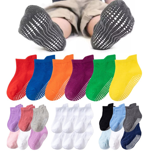 6 Pairs/lot 0 to 5 Yrs Cotton Children's Anti-slip Boat Socks For Boys and Girls With Rubber Grips