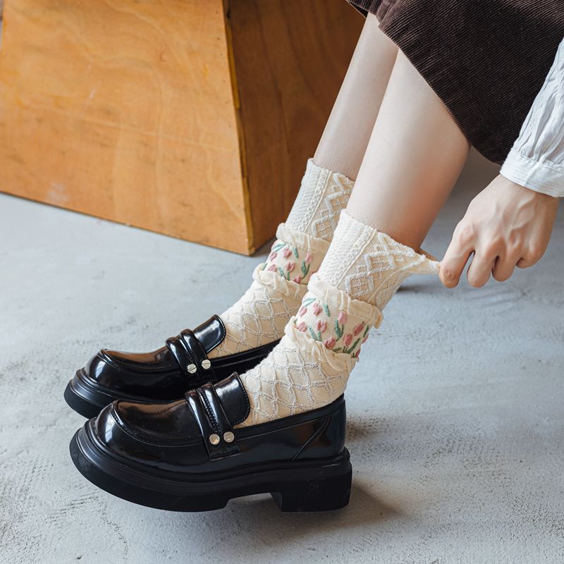 Ruffled Knit Floral Bobby Socks